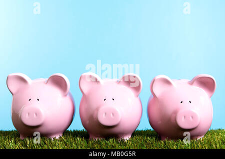 Three pink piggy banks on grass with blue sky. Studio shot with plain blue background. Space for copy.