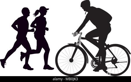 Silhouette of a cyclist and running people men and woman jogging vector illustration Stock Vector