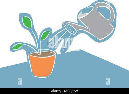 Watering-can watering plant on a table hand drawn illustration Stock Vector