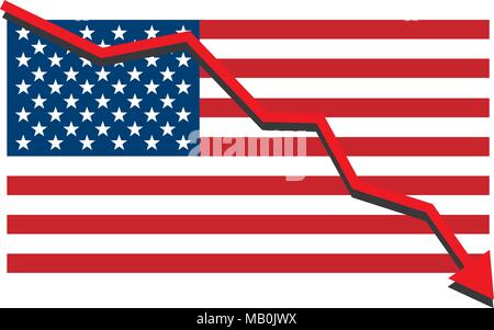 American USA flag with red arrow graph going down showing economy recession and shares fall. Isolated vector illustration. Stock Vector