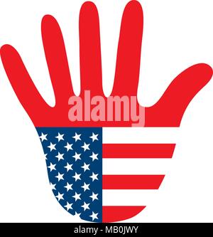 Graphic USA hand as stop sign symbolizes United States of America puts toll and custom on foreign goods and closes borders for immigrants as isolated  Stock Vector