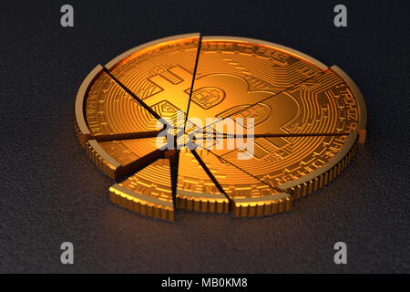 Broken bitcoin on dark background. Concept illustrates bitcoin crash, bitcoin bubble burst, or cryptocurrency market collapse Stock Photo