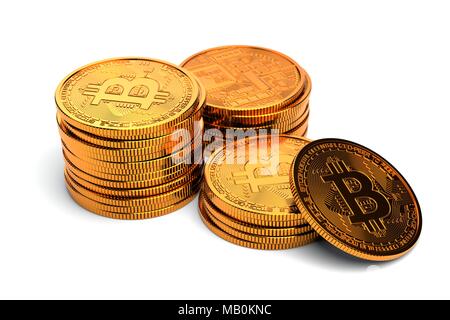 Stacks of bitcoins isolated on white background with one bitcoin leaning against smallest coin pile Stock Photo