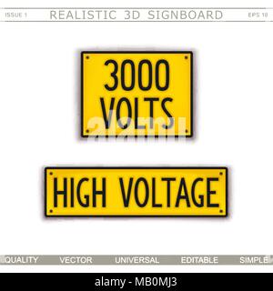 High voltage. 3000 volts. Warning signs. 3D signboard. Top view. Vector design elements Stock Vector