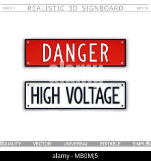 Danger. High voltage. Warning signs. 3D signboard. Top view. Vector design elements Stock Vector