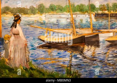 Painting titled Banks of the Seine at Argenteuil by Edouard Manat dated 1874 Stock Photo
