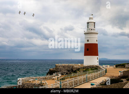 The Europa Point Lighthouse, on the southeastern tip of the British Overseas Territory of Gibraltar at the entrance to the Mediterranean Sea. Stock Photo