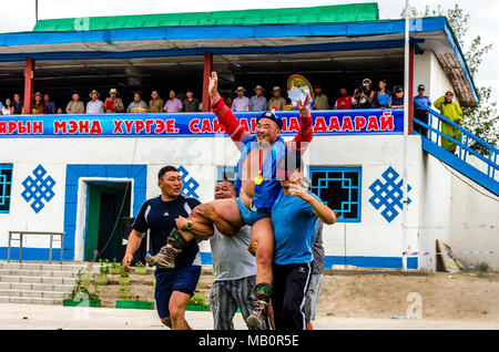 Celebrations for the Winner of the Wrestling Competition at the Naadam Festival in Murun, Mongolia Stock Photo