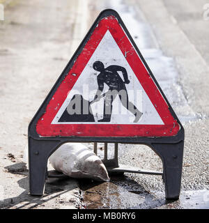 Roadworks signage related to health and safety regulations, viewed here in Acton Burnell, Shrewsbury, England. Stock Photo