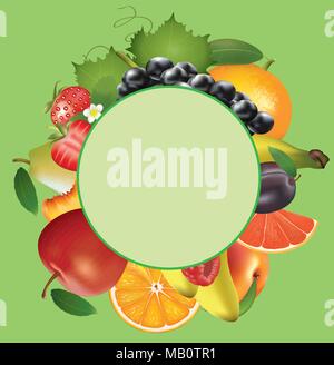 Various fruits on green background, vector Stock Vector