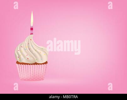 Cupcake with candle on pink background, vector Stock Vector