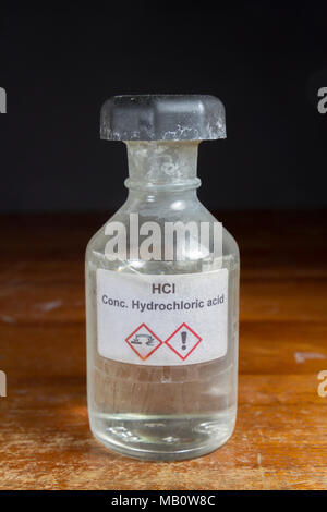 A bottle of concentrated hydrochloric acid (HCl) as used in a UK ...