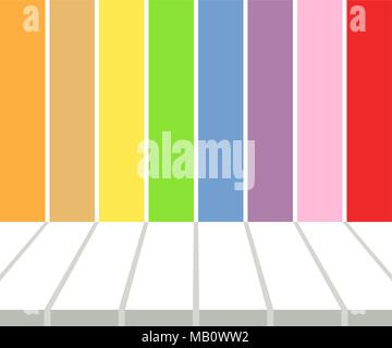 Empty white tabletop display over multicolored stripes background. Vector illustration, EPS10. Stock Vector