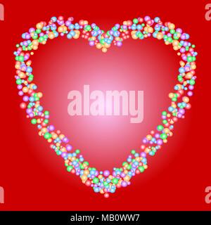 Heart shape pattern of colorful beads on red background. Love, romance, valentine, or wedding concepts. Stock Vector