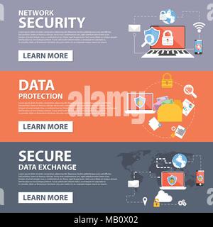 network security, data protection, secure data exchange flat icon concept banner template Stock Vector