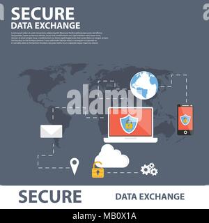 Secure Data Exchange Flat Icon Banner Concept Stock Vector