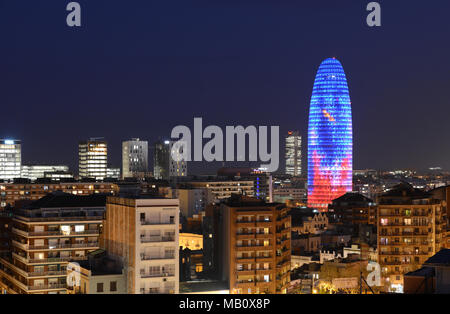 Torre Glories or Torre Agbar in the urban night  landscape of Barcelona, Catalonia, Spain Stock Photo