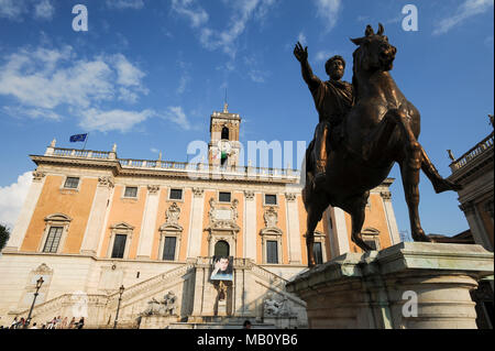 Piazza del Campidoglio designed by Michelangelo with Statua equestre di Marco Aurelio (Equestrian Statue of Marcus Aurelius) and facade of Palazzo Sen Stock Photo