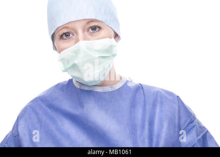 Woman closeup portrait of young doctor, surgeon or nurse  with big eyes wearing surgical mask. Caucasian female model. Stock Photo