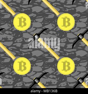 Golden Bitcoin Seamless Pattern. Crypto Currency Mining Texture with Coins and Pickaxes Stock Vector