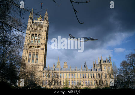 Merged images manipulated to depict the incident on 5 April 1968 when Alan Pollock flew a Royal Air Force Hawker Hunter jet over Parliament in protest Stock Photo