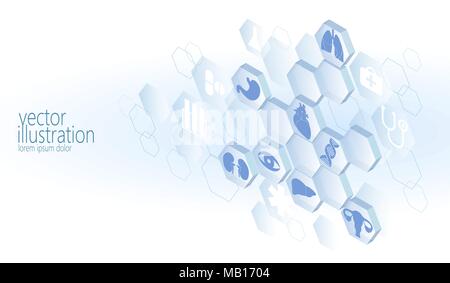 Hexagon medical flat icon set. Ambulance innovation medicine center poster business design element. Isometric 3D abstract composition blue glowing vector illustration Stock Vector