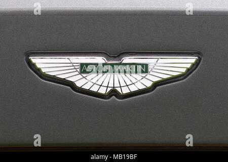 Aston Martin badge logo or hood ornament showing Aston Martin wings branding. Stock Photo