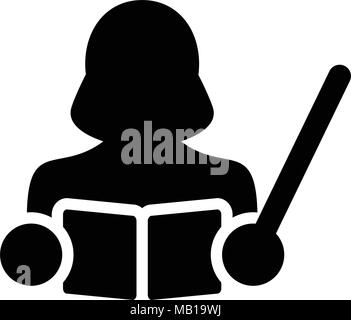 Teacher Icon Vector Female Person Profile Avatar with a Book and Teaching in School, College or University for Education Glyph Pictogram illustration Stock Vector