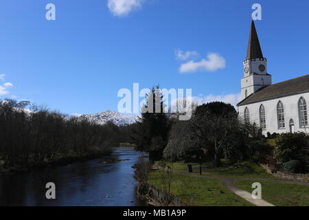 White Church and River Earn Comrie Scotland  April 2018 Stock Photo