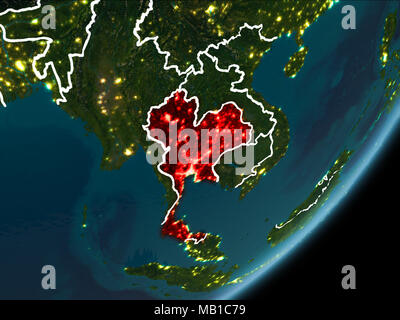 Thailand as seen from Earth’s orbit on planet Earth at night highlighted in red with visible borders and city lights. 3D illustration. Elements of thi Stock Photo