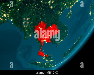 Night view of Thailand highlighted in red on planet Earth with atmosphere. 3D illustration. Elements of this image furnished by NASA. Stock Photo