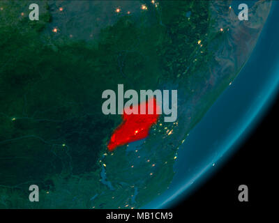 Night view of Uganda highlighted in red on planet Earth with atmosphere. 3D illustration. Elements of this image furnished by NASA. Stock Photo