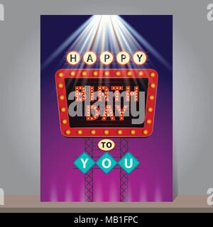 Happy Birthday retro billboard with glowing neon lights. Design template for greeting or invitation card. Vector illustration. Stock Vector