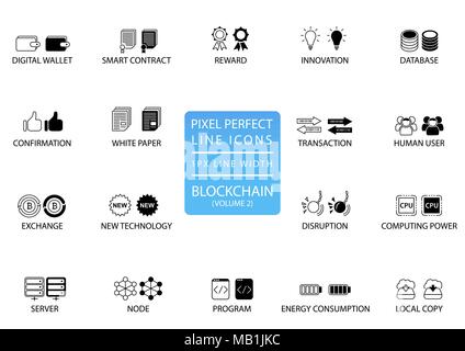 Blockchain and cryptocurrency thin line vector icon set. Pixel perfect icons with 1 px line width for optimal app and web usage Stock Vector