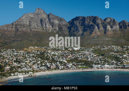 Camps Bay, Table Mountain, and The Twelve Apostles, Cape Town, South Africa - aerial Stock Photo