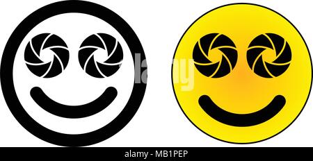 Twin dual lens mobile phone smiley face icon. Two camera aperture symbol instead of eyes. Stock Vector