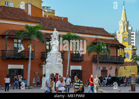 Cartagena, Colombia - August 3, 2017: Unidentified people walking in front of the memorial to Christopher Columbus in Cartagena, Colombia. Stock Photo