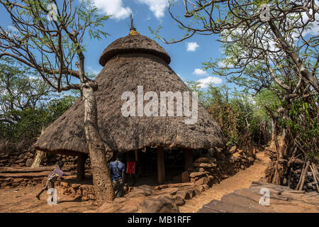 Gamole, Ethiopia, January 23, 2108: Unidentified children of the Konso tribe playing in the town house in Gamole, Ethiopia. Stock Photo