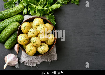 Concept of tasty food with boiled young potatoes, space for text Stock ...