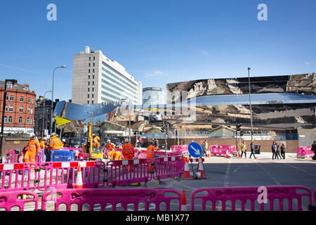 Work underway in Navigation Street, Birmingham building the new tram extension line from the City Centre to Five Ways. Stock Photo