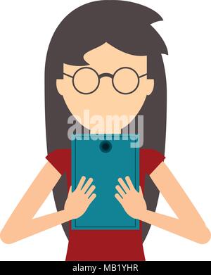 avatar woman with glasses and using a tablet over white background, colorful design. vector illustration Stock Vector