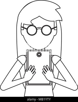 avatar woman with glasses and using a tablet over white background, vector illustration Stock Vector