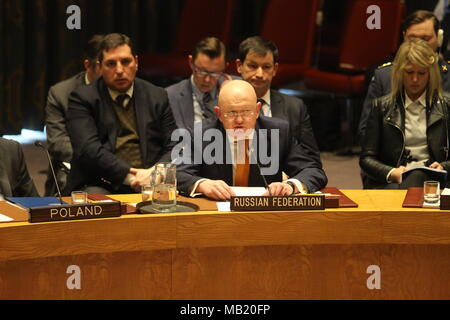 UN, New York, USA. 5th April, 2018. Russian Ambassador Vassily Nebenzia speaks in UN Security Council about toxic chemicals in Salisbury, UK. Photo: Matthew Russell Lee / Inner City Press Credit: Matthew Russell Lee/Alamy Live News Stock Photo