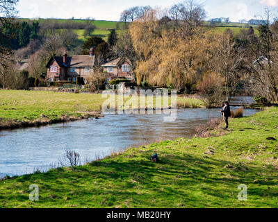 Peak District National Park. 5th Apr, 2018. UK Weather: fly fisherman enjoying the glorious sunshine on Thursday after the wet Easter Bank Holiday break at Ashford on the Water, near Bakewell in the Peak District National Park Credit: Doug Blane/Alamy Live News Stock Photo