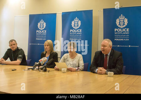 Paisley, UK. 6th April, 2018. Police Scotland has held a press conference in an appeal for information to help find 47-year-old, Julie Reilly, a missing person last seen in Govan, Glasgow, at around 5 pm on Tuesday, 6th February. Detective Chief Inspector Mark Bell and Chief Inspector Alan Bowater provided an overview of the ongoing enquiry. A statement for the family was given by Julie's mother, Margaret Hanlon (69), and Julie's younger sister, Lynne Bryce (36). Credit: Iain McGuinness/Alamy Live News Stock Photo