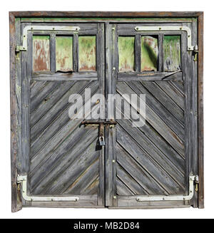 Vintage aged  not painted wooden garage doors with clogged plywood windows. Isolated on white with patch. Sunny day outdoor panoramic collage Stock Photo