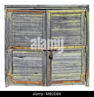 Vintage aged   curved  wooden garage doors with rusty steel stripes. Isolated on white with patch. Sunny day outdoor panoramic collage Stock Photo