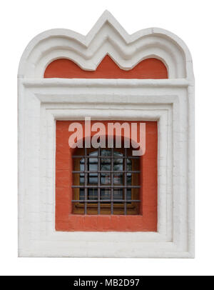 The window of the old medieval church is framed by a white plaster clype. The glass is protected by a thick iron grating. Isolated on white with patch Stock Photo