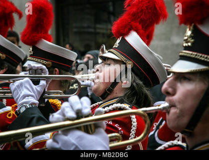London, United Kingdom - January 01, 2007: Unknown member of Wauwatosa East high school marching band playing trumpet during their performance at Lond Stock Photo