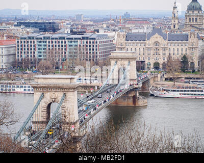 BUDAPEST, HUNGARY-APRIL 1, 2018: Szechenyi Chain Bridge's view from the Buda Castle Stock Photo